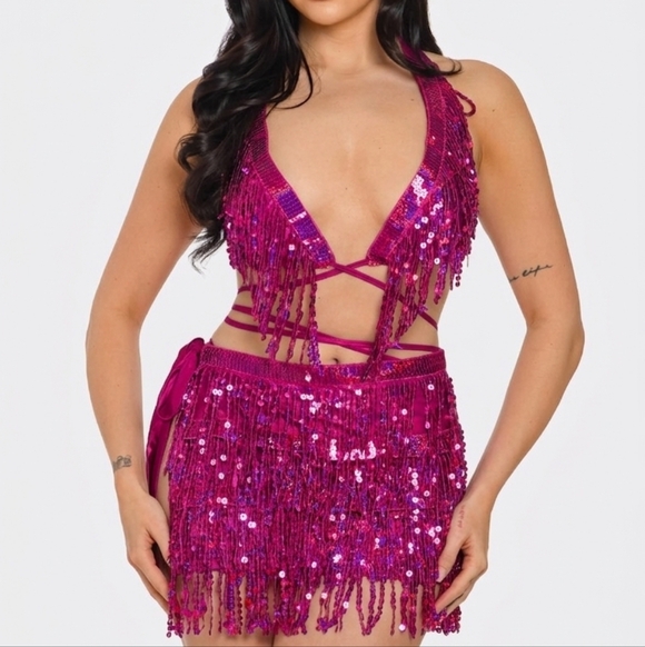 Other - NEW NWT PINK COACHELLA Sequin Bikini Top And Fringe Bottom Festival Set large